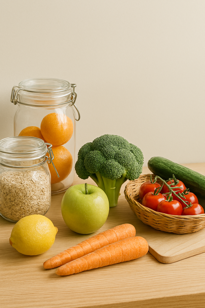 Composição com frutas, vegetais e recipientes naturais representando vitaminas na rotina de bem-estar.
