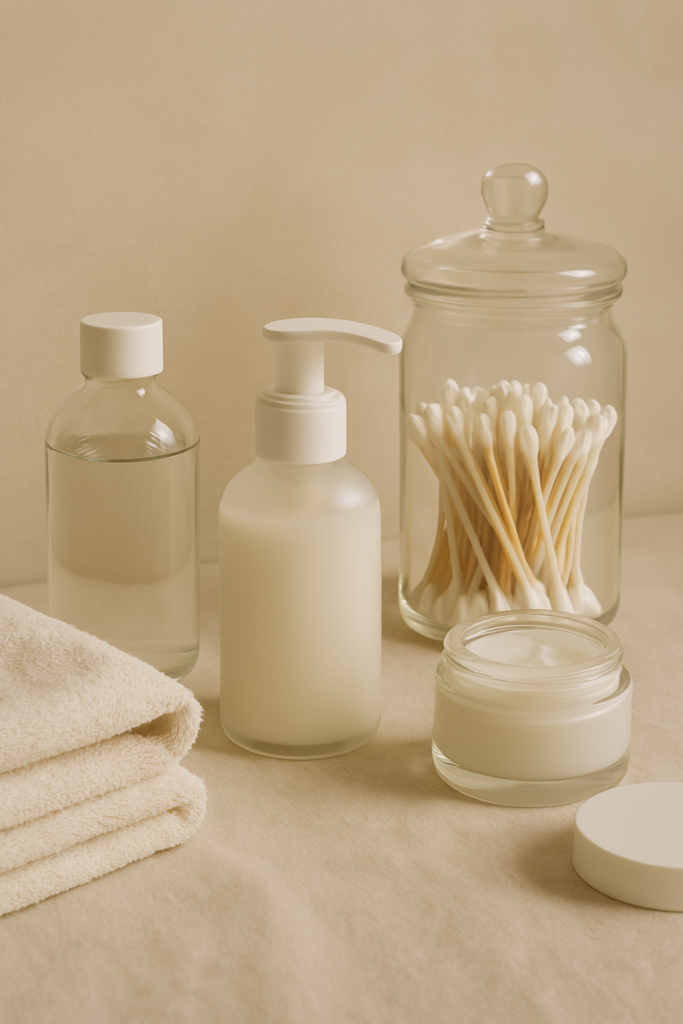 Composição minimalista com itens de cuidados com a pele em ambiente claro e organizado, representando uma rotina simples e constante.