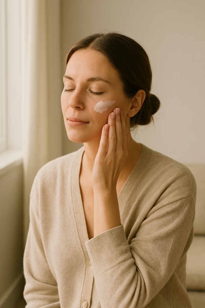 Mulher em momento de autocuidado em casa, representando uma rotina de beleza simples e realista