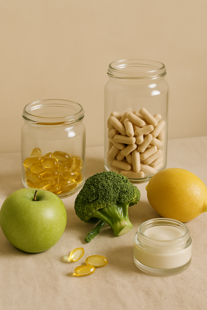 Composição com vitaminas, frutas e elementos naturais em ambiente claro, representando uma rotina equilibrada de bem-estar.