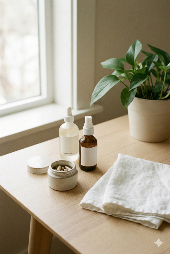 Rotina de cuidados com a pele com produtos simples e suplementação consciente.