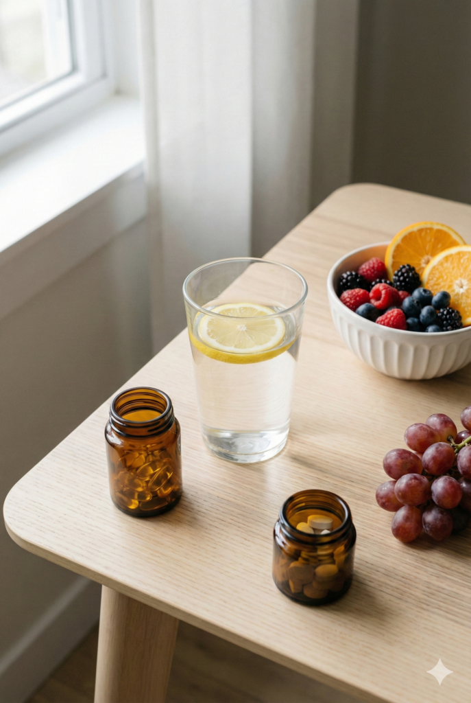 Vitaminas e suplementos organizados como parte de uma rotina saudável e consciente.